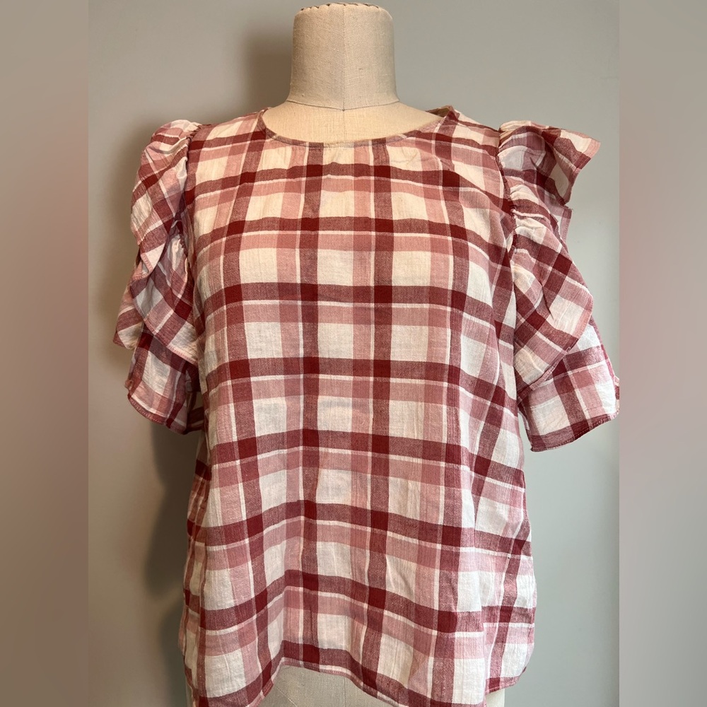 THE GREAT. Whisper Check Cotton Linen brick plaid ruffle sleeve top sz 1 - Picture 5 of 7